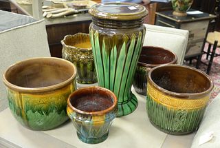 Group of Six Majolica Ceramic Pieces
to include five planters, along with one stand
tallest height 18 1/4 inches, width 10 inches
Provenance: The Esta