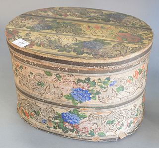 Large Oval Wallpaper Box
with floral motif, unmarked
height 10 1/2 inches, top 11 1/2" x 15"