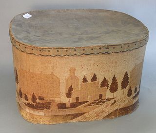 Wallpaper Hat Box
illustrated with Wesleyan University Collegiate landscape scene
(missing bottom)
height 13 inches, top 17" x 21"
Provenance: The Vin