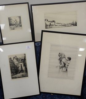 Group of Eleven Framed Etchings
to include Martin Hardie, landscape, pencil signed;
Eugene Bejot, etching, Tersoul Church, Kirk & Company label on the