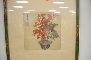 Two Elyse Ashe Lord Woodblocks
to include still life of flowers
pencil signed and numbered 79/100
image size: 9 1/4" x 8 3/4"
along with a seated figu