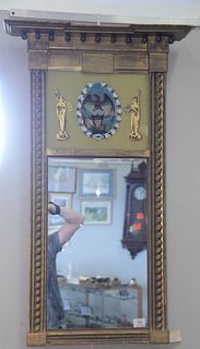 Two Federal Two-Part Mirrors;
One having eglomised panel with central eagle, flanked by a figure of a woman on each side, 
39 1/2" x 23 3/4",
marine b