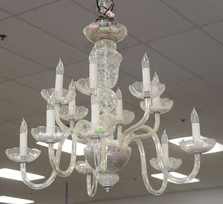Two piece lighting lot to include; Twelve Light Glass Chandelier,along with a square glass four light hanging light;approximate length 37 inches (c