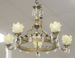 Six Light Brass and Glass Chandelier
with frosted glass shades