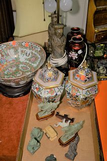 Group Lot of Assorted Items
to include pair of ironstone jars; stone figures; Rose Medallion bowl; pair of Chinese stone figures; pair of enameled vas