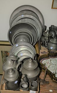 Large Group of Pewter
to include trays; chargers; teapots, etc. 
largest diameter: 16 1/2 inches, height 8 1/2 inches (Coffee Pot)