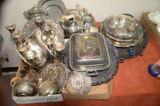 Large Lot of Various Silverplate and Pewter
to include pitchers, serving platters, candelabra and other tableware
largest platter: 27 inches wide; can