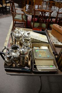 Large Group of Assorted Items
to include leather book binder; waste paper basket; silvered books; silverplate, etc.