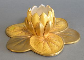 Royal Worcester Porcelain Lily Pad Vase
form of a blossoming flower on a lily pad, having yellow ground, with parcel gilt leaves, and red painted leaf