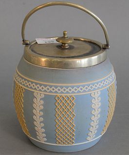 Wedgwood Three Color Biscuit Jar having light blue ground, with alternating yellow trellis, and white scroll band below diamond border, and silver co