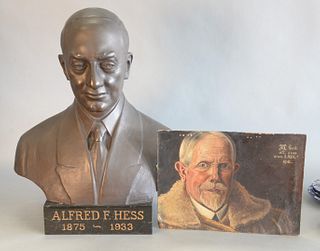 Two piece lot to include: 
Alexander Finta (Hungarian/American, 1881-1958), bronze bust of Alfred F. Hess (1875-1933), signed and dated '1934' on the 