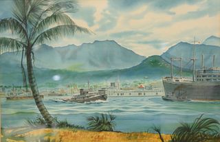 Earle G. Barlow (American, 1923-2013), 
"Aloha Town", Marine Base, Hawaii, 1967,
watercolor on paper, 
signed and dated lower left, 
15" x 23". 
Prove