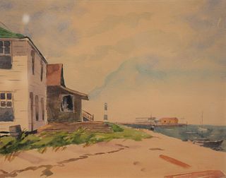 John Cuthbert Hare (American, 1908-1978), 
beach with lighthouse,
watercolor on paper,
signed lower right 
13" x 16".