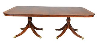 Custom Mahogany Dining Table
with double pedestal base and banded inlaid top along with two leaves
leaves 22 inches each
table height 30 inches, open 