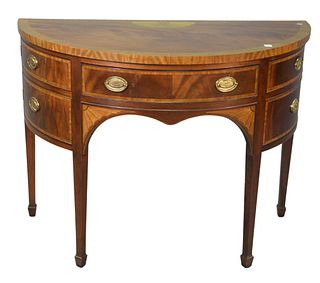 Baker Demilune Inlaid Mahogany Server
center drawer flanked by 2 doors, top is sun faded
height 33 1/2 inches, width 45 inches, depth 23 inches