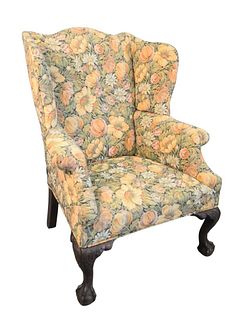 Chippendale Style Upholstered Wing Chair
on ball and claw feet
(tapestry style upholstery) 
height 41 inches