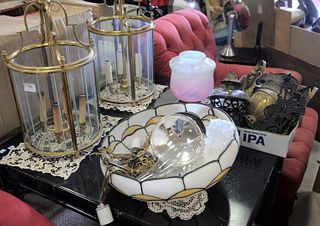 Large group of lighting to include pair of brass and glass hanging lights, leaded glass table lamp (as is), lamp base, Victorian hanging lamp, pair of