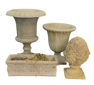 Four Cement Outdoor Ornaments
to include two round urns, one rectangle, and one finial
height 29 1/2 inches
