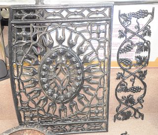Five Piece Victorian Iron Lot 
to include three panel window grate and one small urn
19th Century
23" x 33"
Provenance: The Estate of Diana Atwood Joh