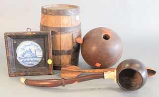 Six Piece Group 
to include carved oak lift top box, ladle, small oak barrel, treenware spoon, bowling ball, and a Delft tile in wood frame
barrel hei