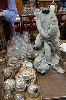 Group of Assorted Items
to include lead figure holding a fish (as is);
Japanese porcelain; stemware, blue and clear stems, eight silver overlay rocks 
