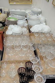 Table Lot 
to include glass wine and stemware; Richard Ginori porcelain set; with serving pieces, etc. 
champagne height 8 1/2 inches, green plate dia