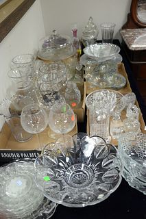 Large Table Lot of Clear and Colored Glass
to include bowls, plates and serving platters, several Tiffany & Company pieces including a large covered c