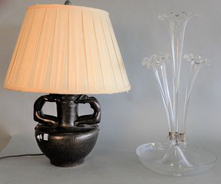 Five Piece Lot to include;
Art Deco hanging six light chandelier with frosted panels
height 27 inches;
two clear glass epergnes
height 20 inches;
alon