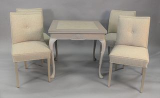 Five Piece Set
to include game table that opens along with four upholstered side chairs
height 29 inches, top: 32" x 32"