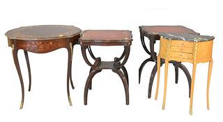 4 piece group to include a pair of Leathertop tables, small French stand, width 20 inches, and a Marquentry inlaid table