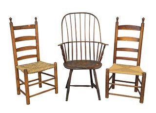 9 Piece Lot to include; 18th century Windsor bowback armchair; two ladderback chairs seat height 16 1/2 inches; three Early Work Tables, with one draw
