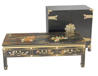 Two Piece Lot
to include lacquered cabinet with two doors and four fitted drawers
height 30 inches, top: 18" x 30"
along with Chinese style coffee tab