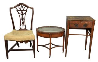 Three Piece Lot 
to include Federal paint decorated work table
height 30 inches, top: 15" x 18"
(no drawer)
along with Hepplewhite side chair and smal