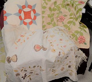 Group of Five Quilts, one embroidery on linen, plus four small oriental mats and doilies, all with wear Provenance: The Estate of Diana Atwood Johnson