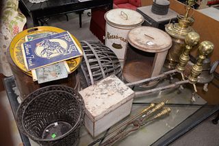 Large group of items to include; tin and porcelain signs, canisters, and a box lantern, wrought iron baskets and planters, a large Samovar lamp, a hea
