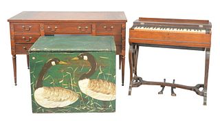 Six piece group to include; 
Mahogany desk with leather top;
Rosewood small piano (not working);
Green painted kindling box;
Mahogany gateleg drop lea