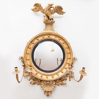 Fine and Large Regency Giltwood Convex Girandole Mirror, Irish