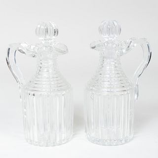 Pair of Cut Glass Pitcher Form Decanters and Stoppers
