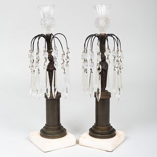 Pair of Continental Patinated Bronze and Cut Glass Figural Candlesticks 