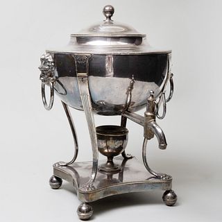 Sheffield Plate Hot Water Urn with Lion Mask Handles and Four Paw Feet
