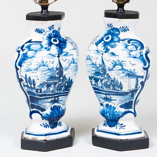 Pair of Dutch Blue and White Delft Vases Mounted as Lamps