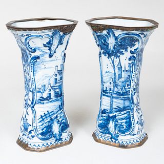 Pair of Blue and White Delft Vases with Later Metal Mounts