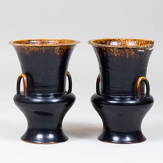 Pair of Rockingham Style Glazed Pottery Urns