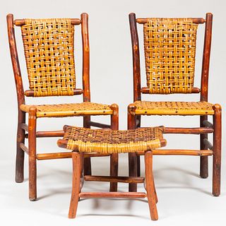 Pair of Rustic Wood and Woven Side Chairs Together with a Matching Stool