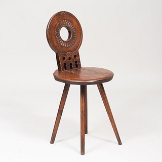 Scandinavian Metal-Mounted Carved Oak Hall Chair