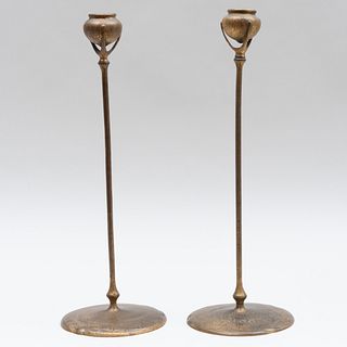Pair of Tiffany Studios Bronze Candlesticks