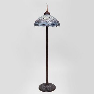 Tiffany Style Leaded Glass 'Dragonfly' Shade and a Faux Bois Bronze Base