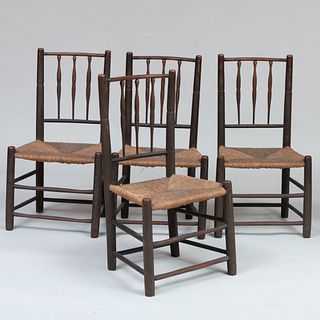 Set of Four Green-Painted Maple and Hickory Rush-Seat Spinidle-Back Side Chairs