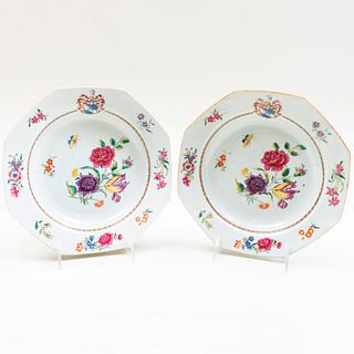 Pair of Chinese Export Porcelain Octagonal Armorial Soup Plates