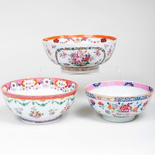 Three Chinese Export Famille Rose Porcelain Punch Bowls